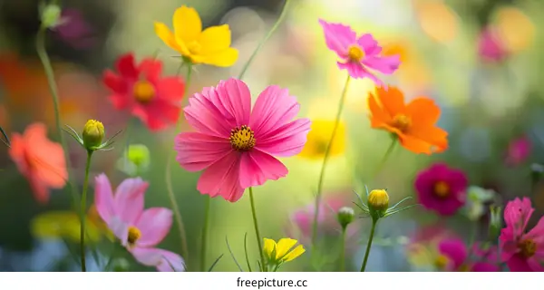 Colorful Cosmos Flowers In The Garden