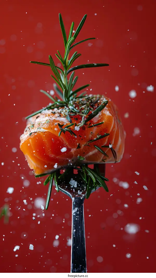 A sprig of rosemary on a fork with a piece of raw salmon