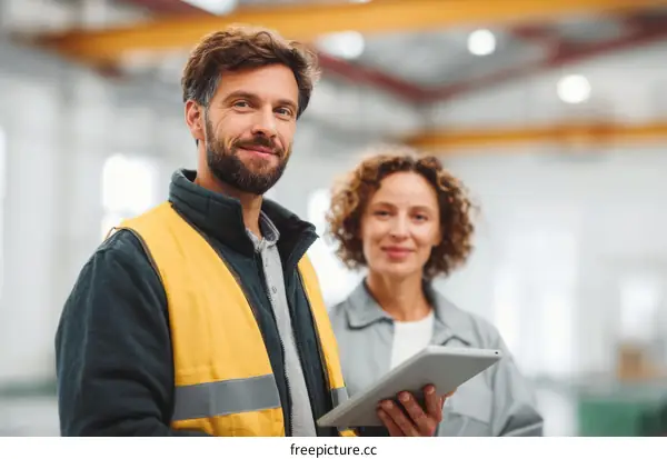 Two Caucasian Professionals Working Together in Industrial Setting