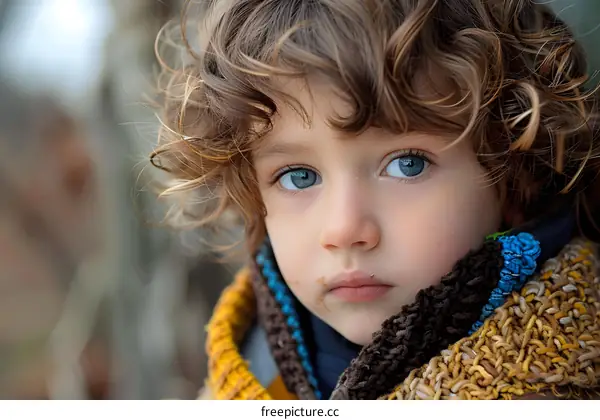 Portrait of a cute little boy with curly blond hair and blue eyes