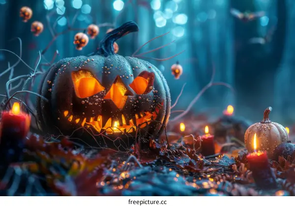 Spooky Halloween Pumpkin Lantern in the Forest