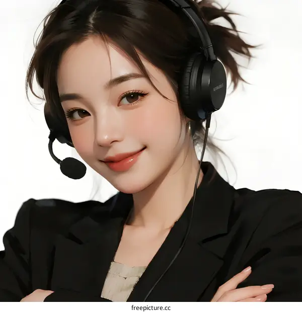 Professional woman wearing headset with crossed arms in formal attire