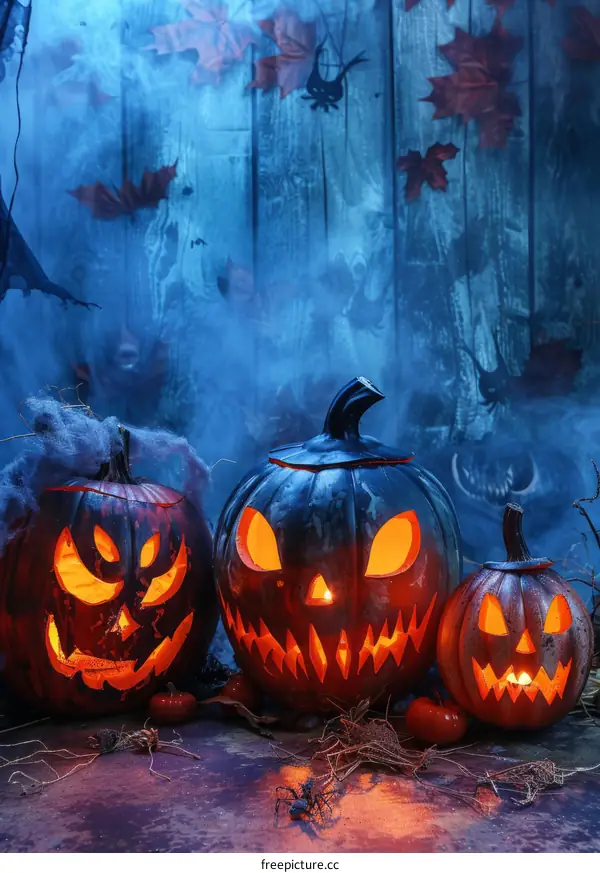 Three Carved Pumpkins Bathed in an Eerie Glow