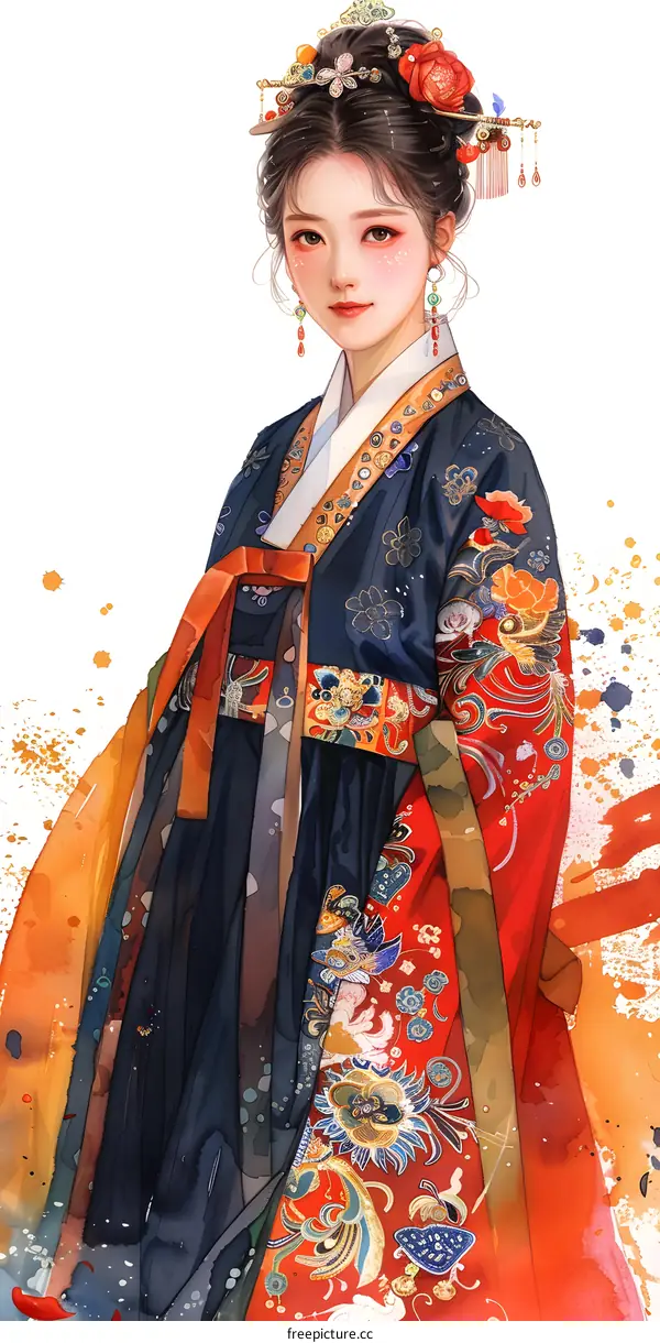 Beautiful Woman in Traditional Korean Hanbok Dress