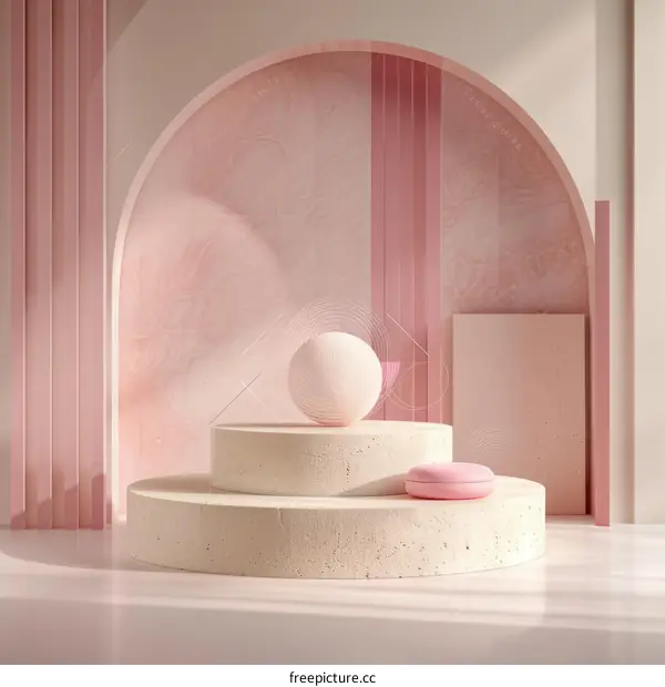 Minimalistic pink and white podium with sphere and capsule