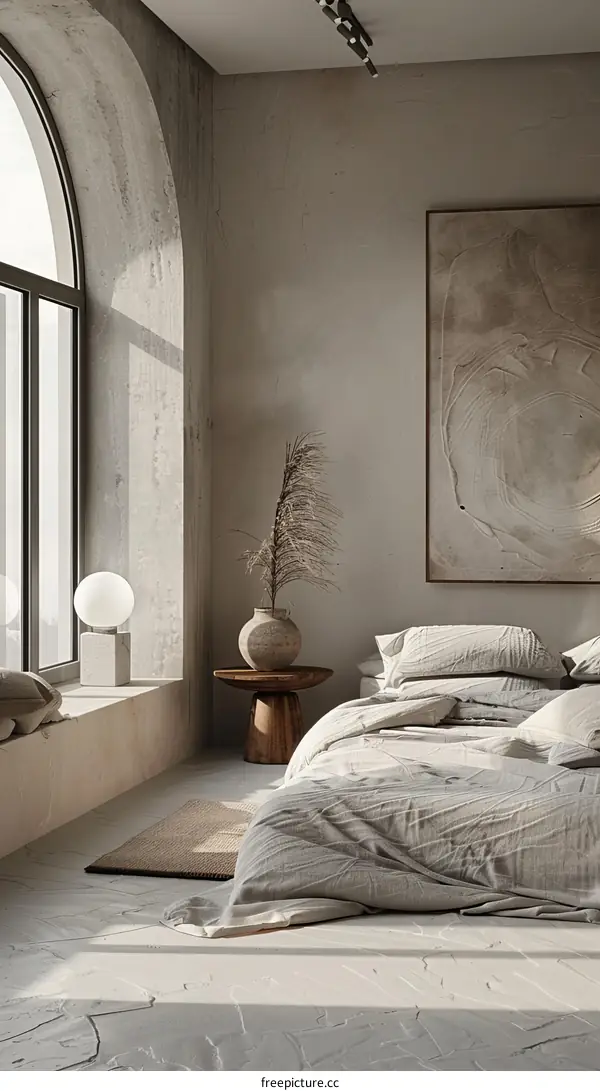 Modern bedroom interior design with large arched window