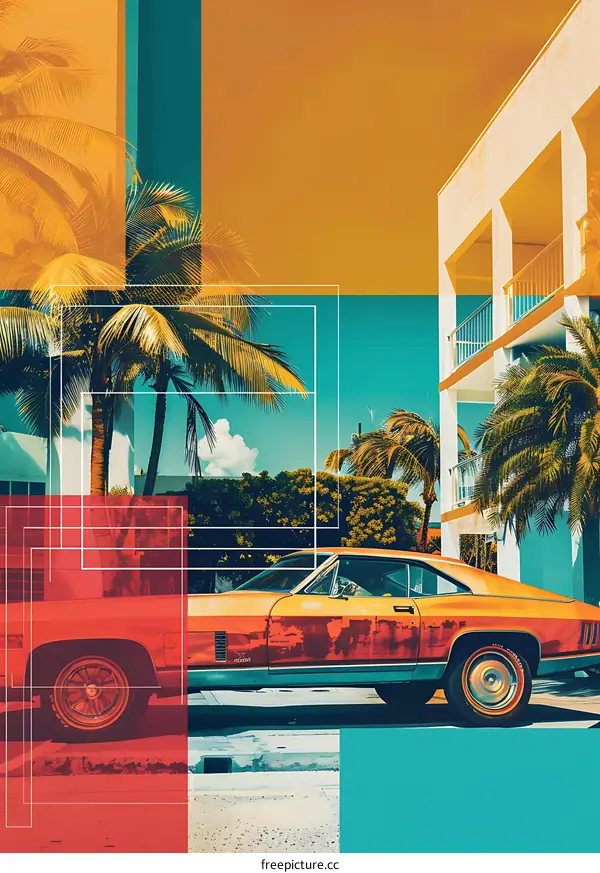 Vintage Car Palm Trees Building Summer Collage