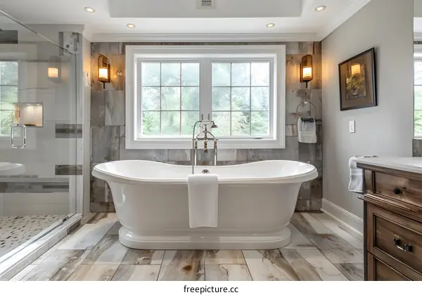 Modern Bathroom Interior Design with Large Window and White Tub