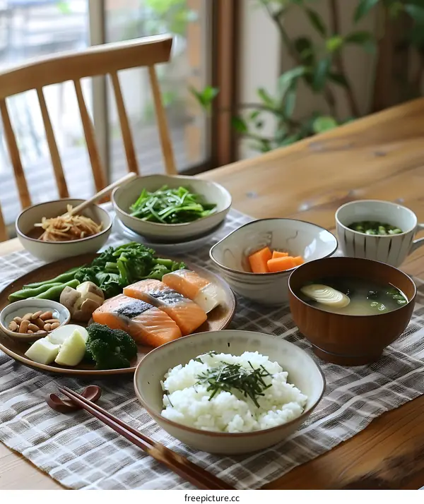 A healthy breakfast with salmon, vegetables, and rice.