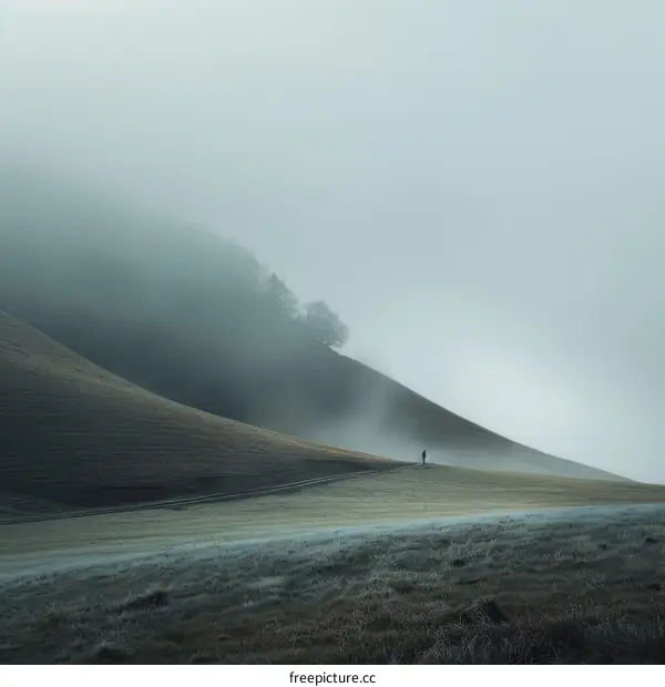 Person walking towards hill in foggy weather
