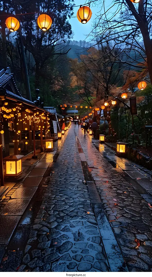 Stone path illuminated by orange paper lanterns at Kiyomizu-dera Temple in Kyoto, Japan