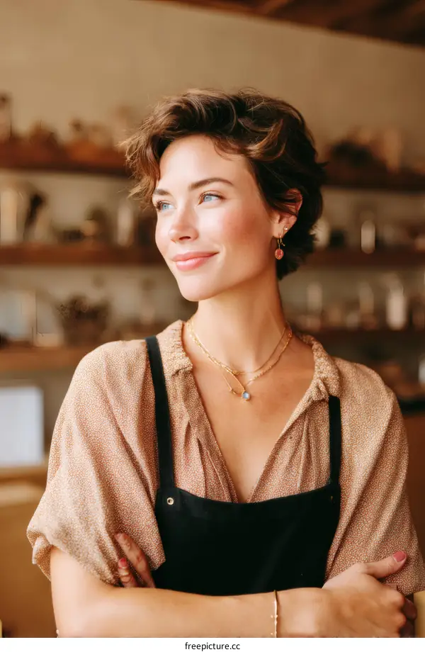Smiling Woman in a Cafe Setting