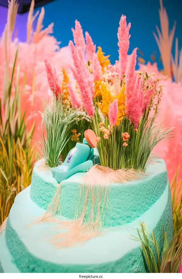 Green and Pink Flowers Arrangement on a Teal Cake Stand