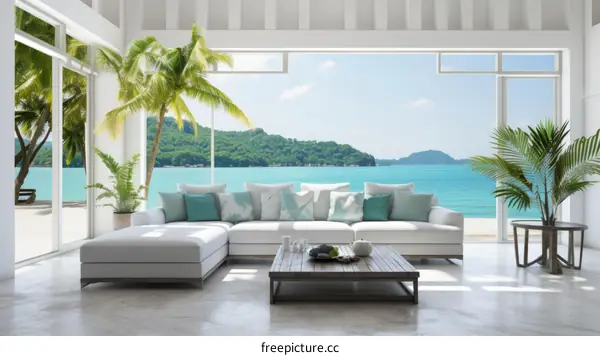 Modern Living Room with Beach View, White Sofa and Palm Trees