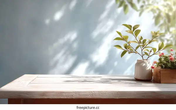Wooden Tabletop with Plants and Sunlight