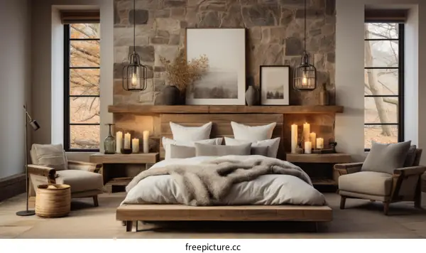 Relaxing bedroom with wood and stone accents