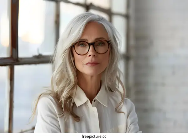 Portrait of a Confident Woman with Gray Hair and Glasses