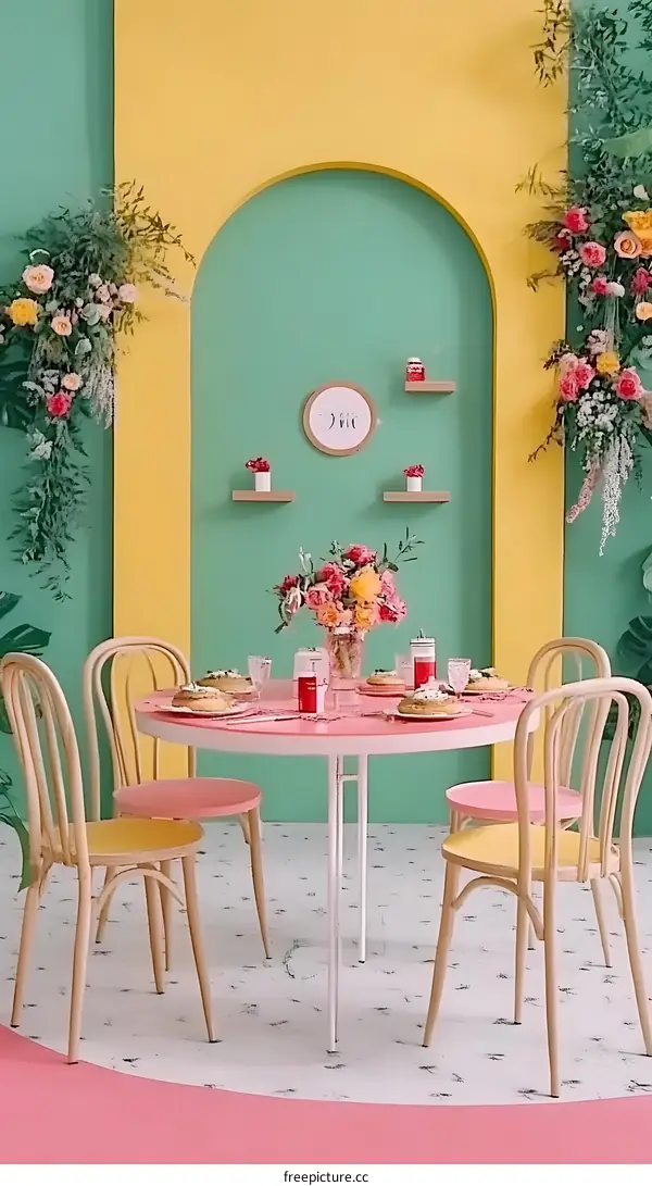 Yellow and Green Interior Design with Pink Table