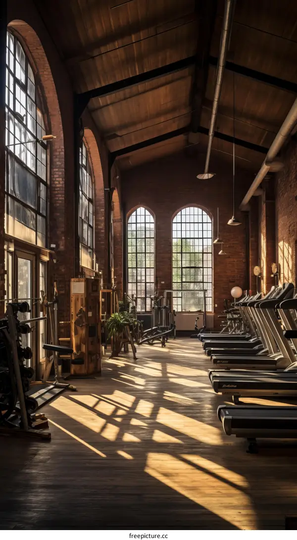 Vintage Industrial Style Empty Gym with Brick Walls and Sunlight