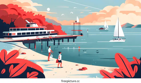 Summer Vacation by the Sea with People and Boats