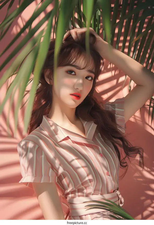 Portrait of a young Asian woman with brown hair wearing a striped shirt posing against a pink background