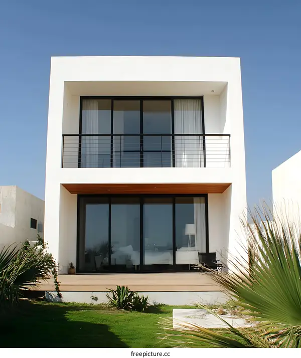 Modern White House with Balcony and Glass Doors