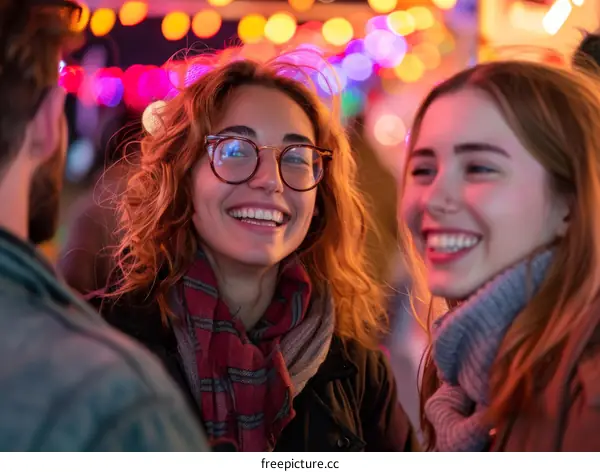 Three young people are talking and laughing at a fair.