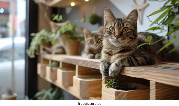 A cute cat is sitting on a shelf in a plant store.