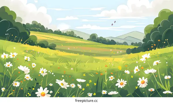 Green Meadow Landscape with Daisies