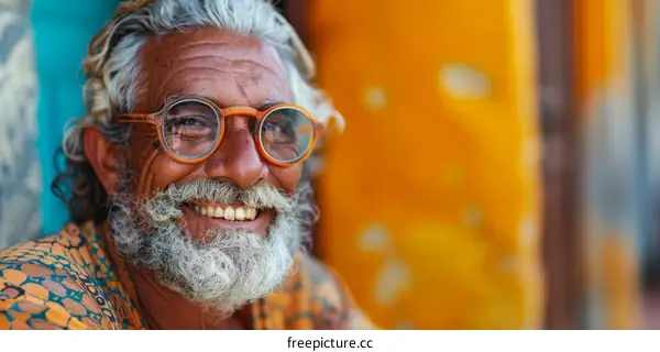 Smiling Elderly Man with Gray Hair and Orange Glasses