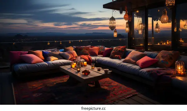 A cozy and inviting terrace with a view of the city