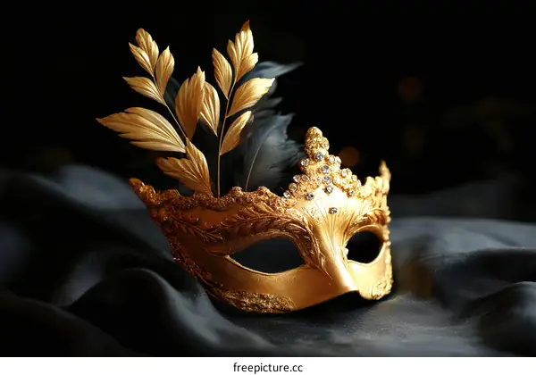 Golden Venetian Carnival Mask on Black Fabric