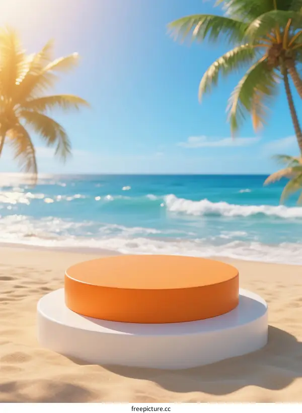 Round Podium on Sandy Beach with Ocean and Palms Background