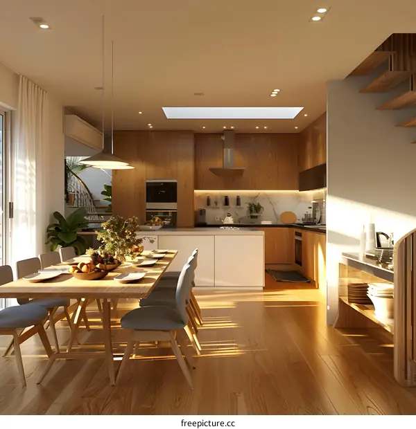 An illustration of a modern kitchen and dining room with wood table and chairs, white cabinets, and stainless steel appliances.