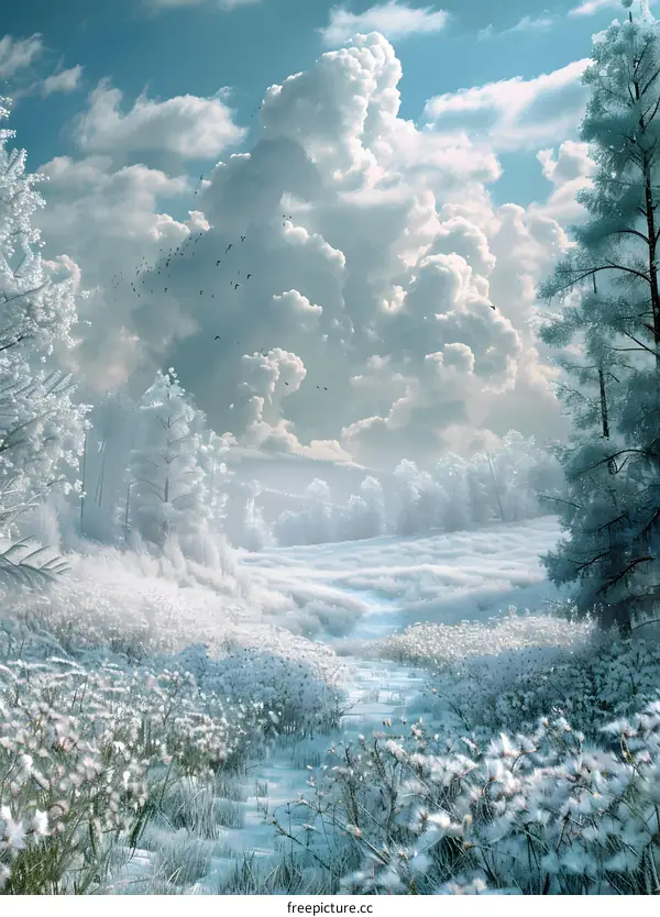 A winter wonderland landscape with snow-covered trees and a path leading into the distance.