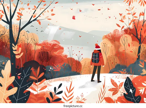 Autumn Landscape with a Woman in Red Jacket