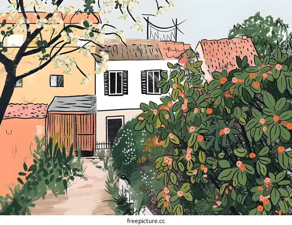 Illustration of a House with Trees and Flowers