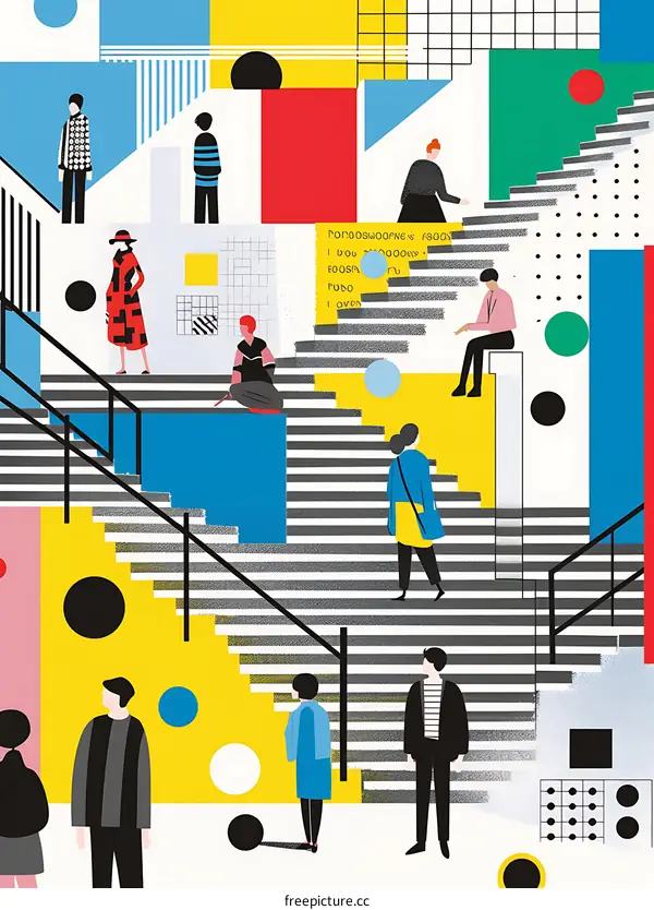 Abstract Illustration of People Walking Up Stairs in a Colorful Geometric Patterned Building