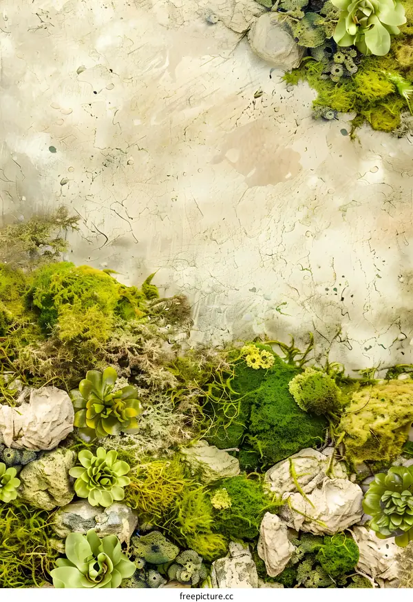 Green Moss and Succulents on a Beige Background