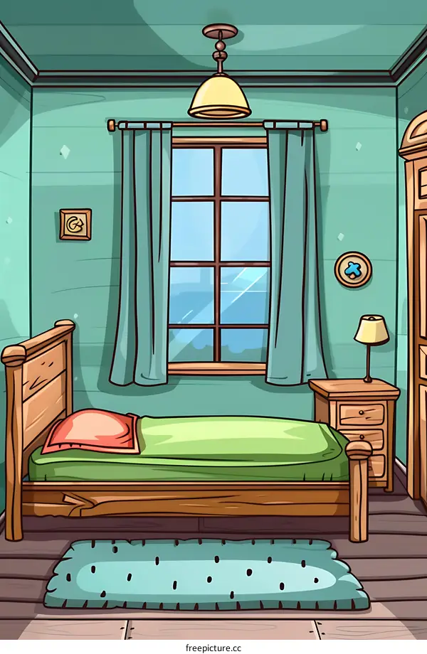 Cartoon Illustration of a Bedroom with a Single Bed, a Window, and a Nightstand