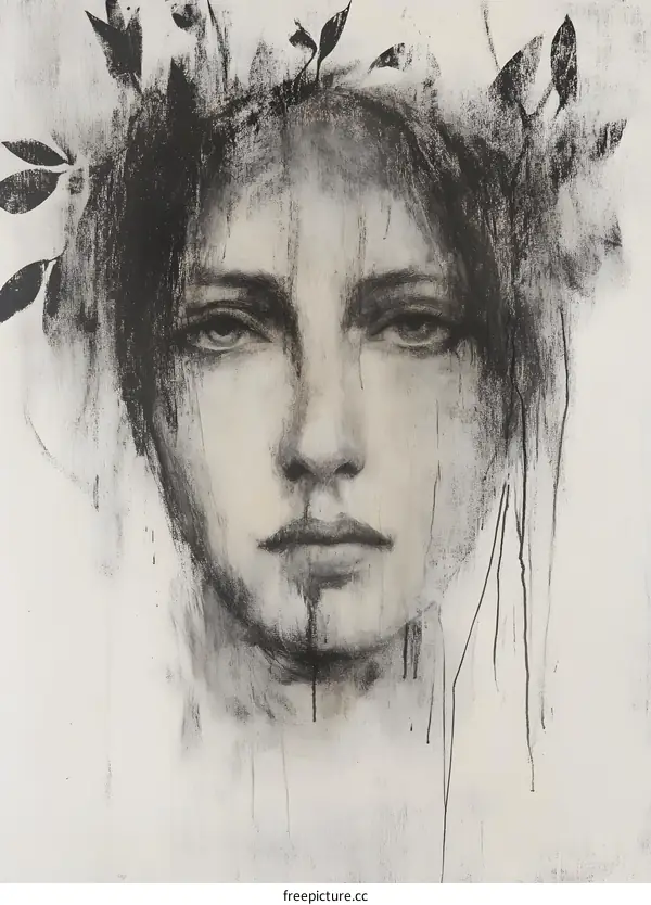 Black and White Portrait of a Woman with a Crown of Leaves