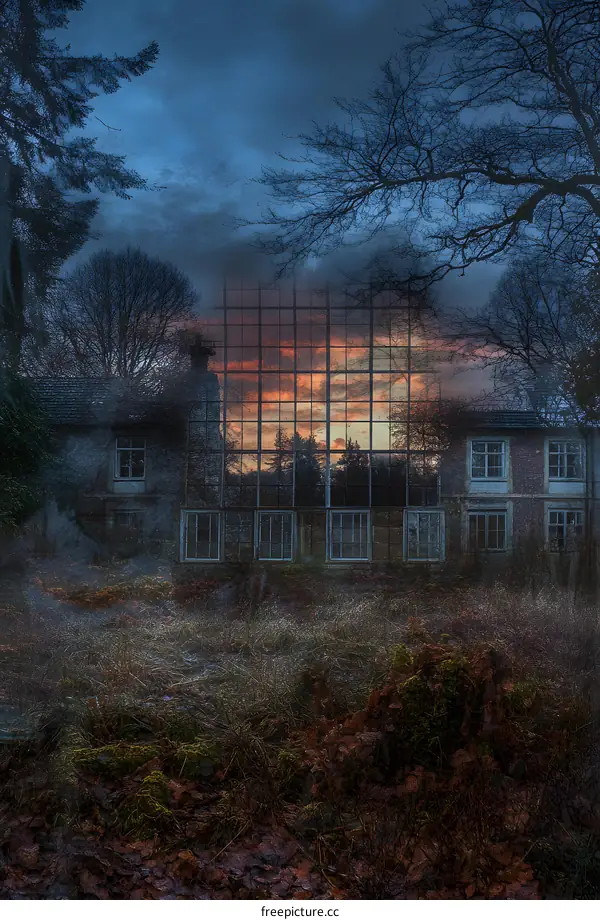 Abandoned Building With Sunset Reflected In Windows