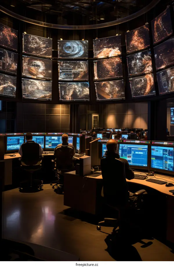 System administrators monitoring multiple computer screens in a dark room