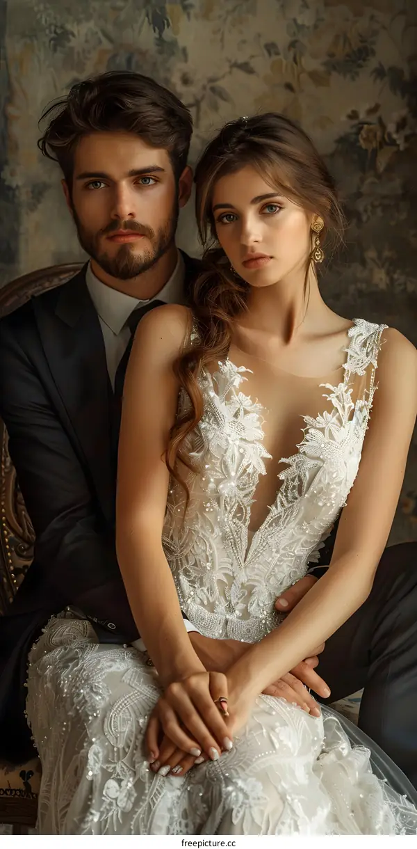 A bride and groom pose for their wedding photos