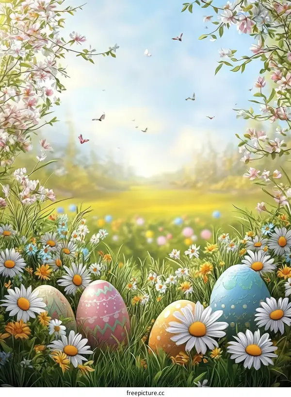 Spring Easter Eggs in a Floral Meadow