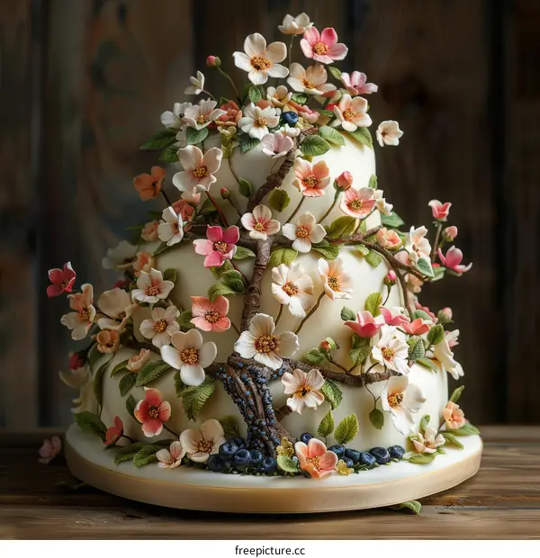 Intricate Multi-Tier Wedding Cake with Stunning Pink & White Flowers