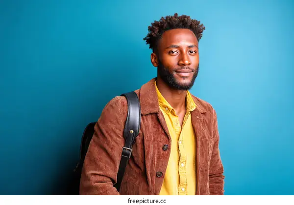 Black Man in a Corduroy Jacket against a Blue Background