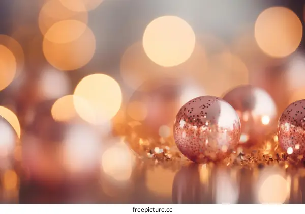 Pink Christmas ornaments with blurred lights in the background