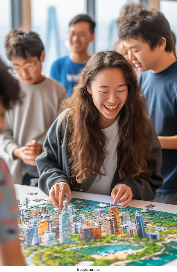 A group of people are working together to put together a puzzle.