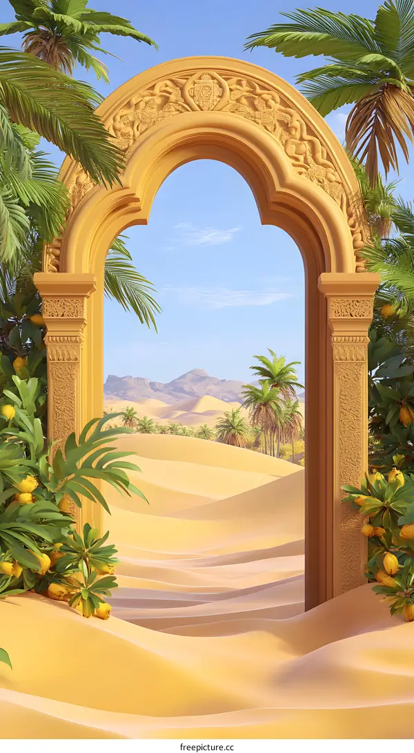 Ornate Archway Leading to Desert Oasis